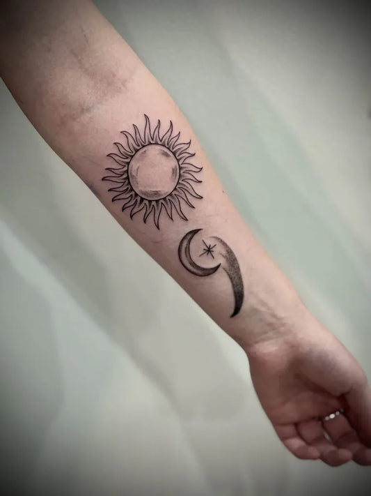 Small Minimalist Sun Moon Semicolon on Women Arm Tattoo by @eda_tattoos