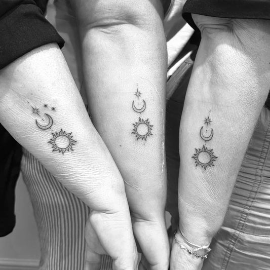 Small Minimalist Sun Moon Stars Family Tattoo on Women Arms by @footefoote_tattoo