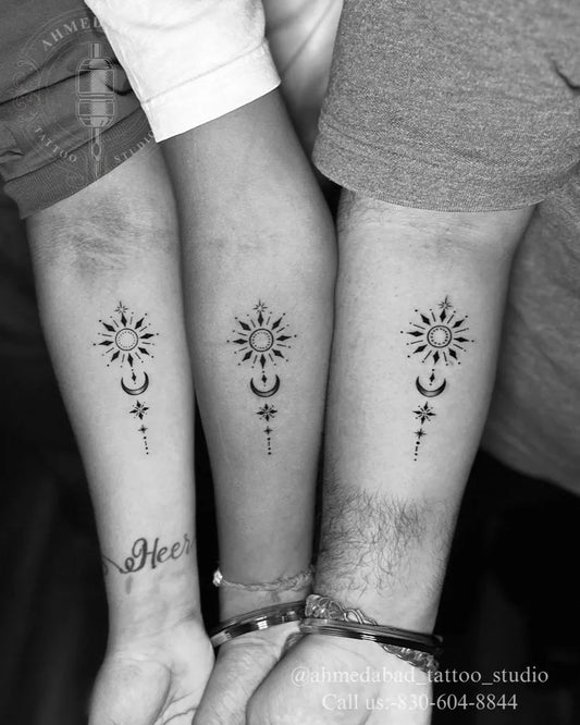 Small Minimalist Sun Moon Stars on Friends Arms Matching Tattoo by @ahmedabad_tattoo_studio