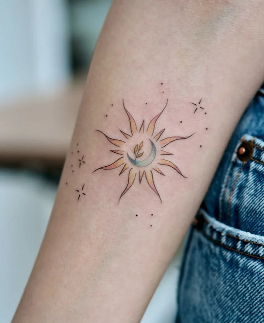 Small Minimalist Sun Moon Stars on Women Arm Tattoo by @berivanis.tatts