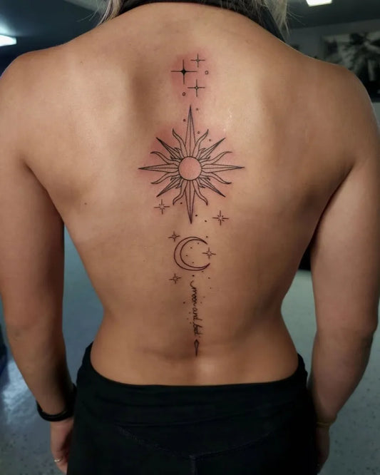 Small Minimalist Sun Moon Stars on Women Spine Tattoo by @blanchardtattoo