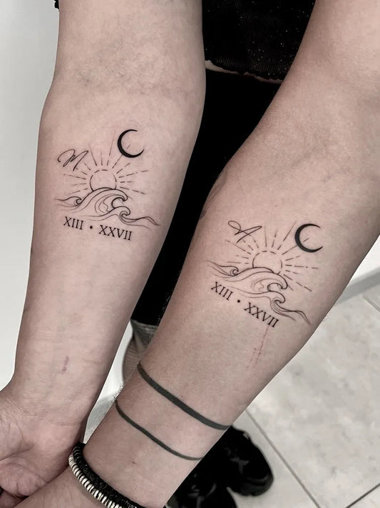 Small Minimalist Sun Moon Waves on Couple Arms Matching Tattoo by @kowalicka.tattoo