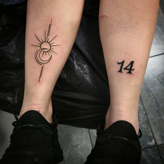 Small Minimalist Sun Moon and Number on Women Leg Tattoo by @clptattooart