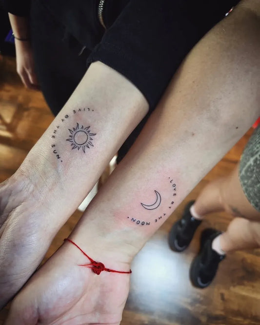 Small Minimalist Sun Moon on Friends Arms Matching Tattoo by @lotustattooalytus