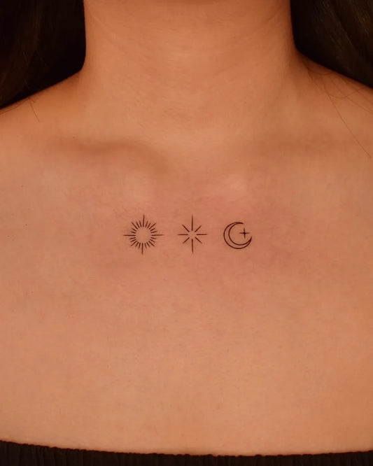 Small Minimalist Sun Star Moon on Women Collarbone Tattoo by @tinytattooinc