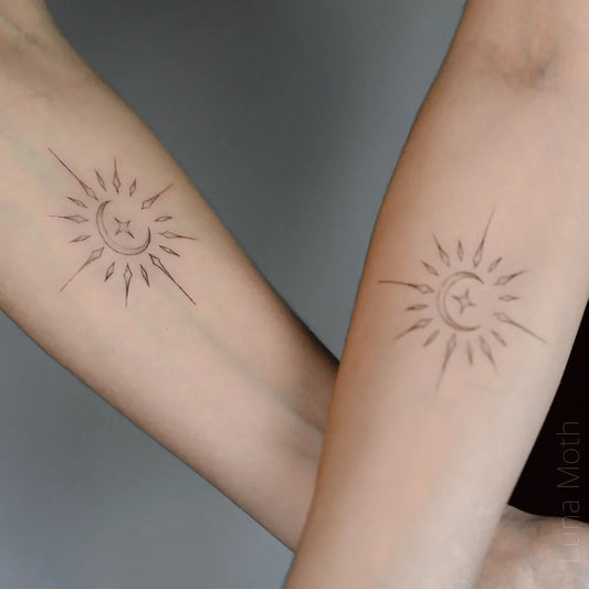 Small Minimalist Sun and Moon on Friends Arms Matching Tattoo by @lunamoth.tattoo