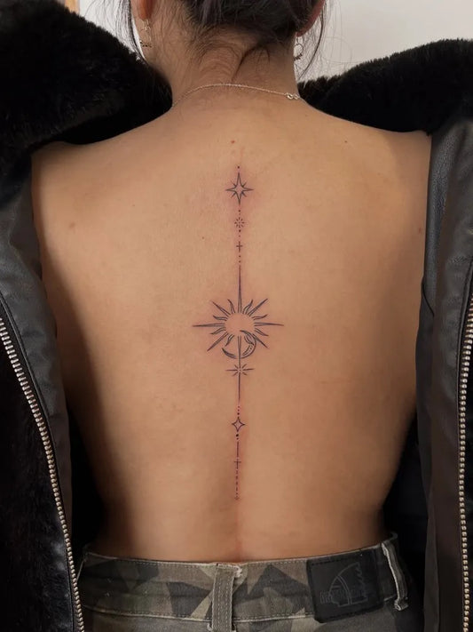 Small Minimalist Sun and Stars on Women Back Tattoo by @manola_tattoos