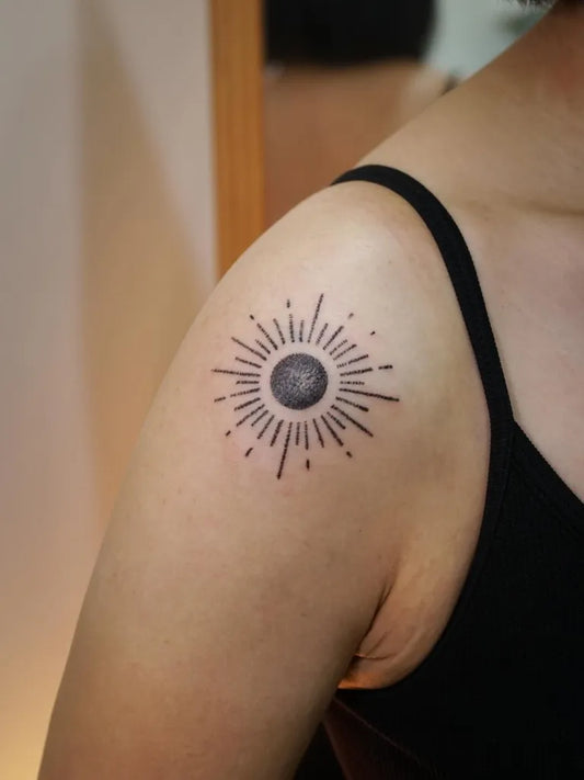 Small Minimalist Sun on Women Shoulder Tattoo by @taichung_handpoke
