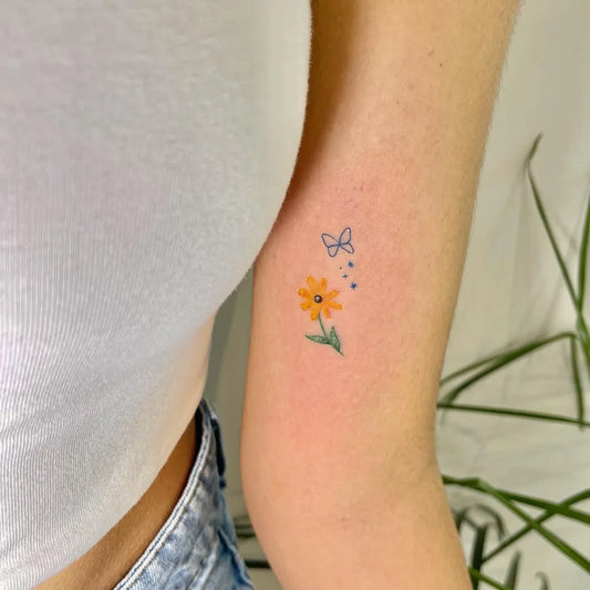 Small Minimalist Sunflower Butterfly Dots on Women Arm Tattoo by @moonlight_tattoo4026_ph