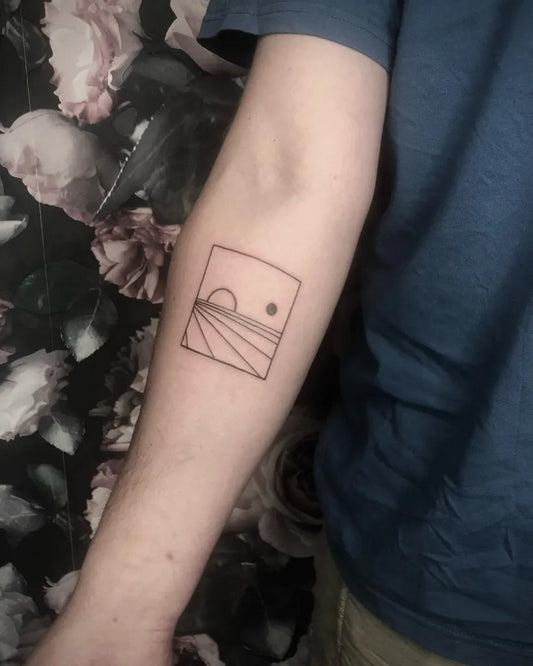 Small Minimalist Sunset Horizon Square on Men Forearm Tattoo by @pin_ette_