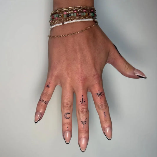 Small Minimalist Symbols on Women Fingers Tattoo by @emmakaytatts