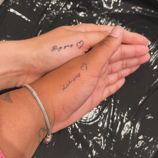 Small Minimalist Text Hearts on Couple on Hands Matching Tattoo by @tattsbyshannonlee