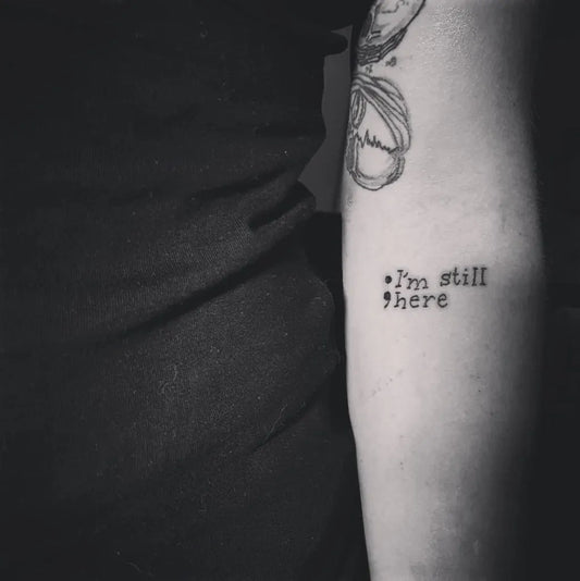 Small Minimalist Text Semicolon on Women Arm Tattoo by @bellabrorsdotter