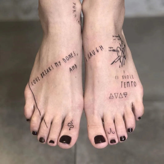 Small Minimalist Text and Symbols on Women Leg Tattoo by @blxckink