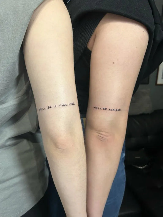 Small Minimalist Text on Couple Arms Matching Tattoo by @diana.todic