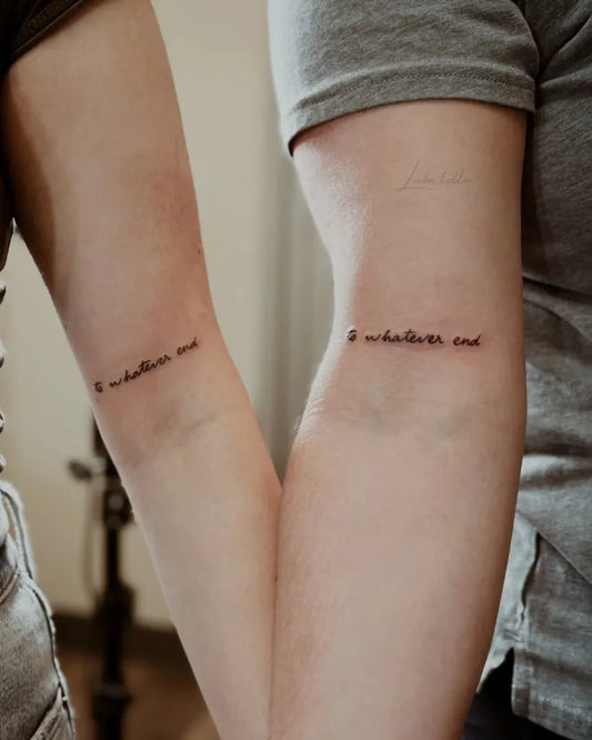 Small Minimalist Text on Couple Arms Matching Tattoo by @liebe_tattoo