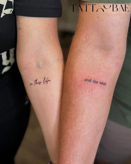 Small Minimalist Text on Couple Arms Matching Tattoo by @tattoobaemcr