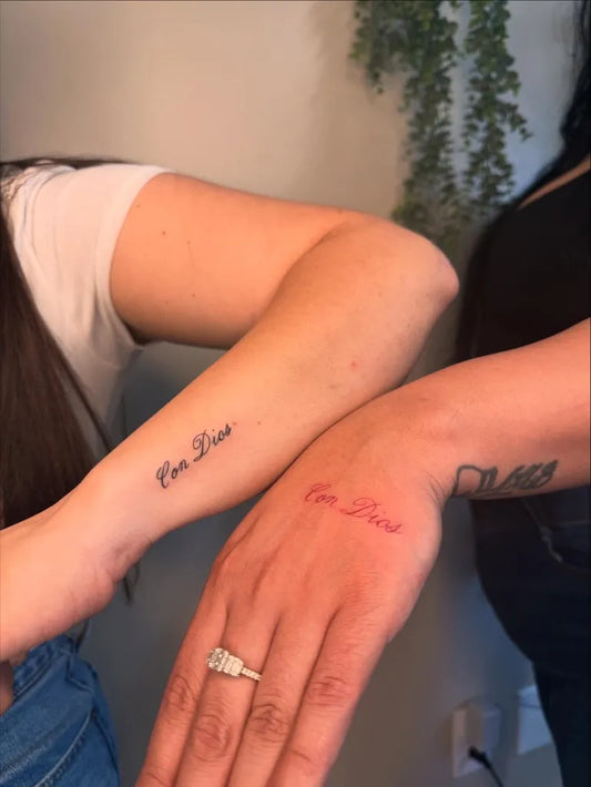 Small Minimalist Text on Friends Arms Matching Tattoo by @_inkdstudio