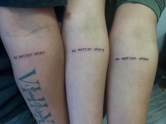 Small Minimalist Text on Friends Arms Matching Tattoo by @tattedbyriah