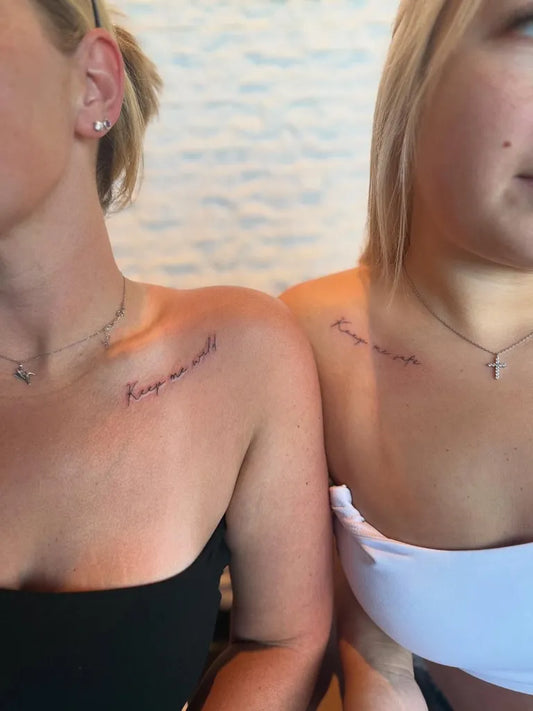 Small Minimalist Text on Friends Shoulder Matching Tattoo by @kyndalltattoos