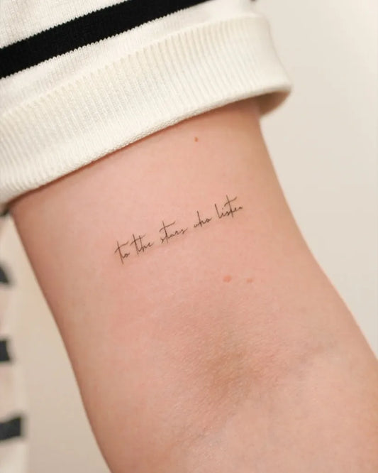 Small Minimalist Text on Women Arm Tattoo by @cipri.tatt