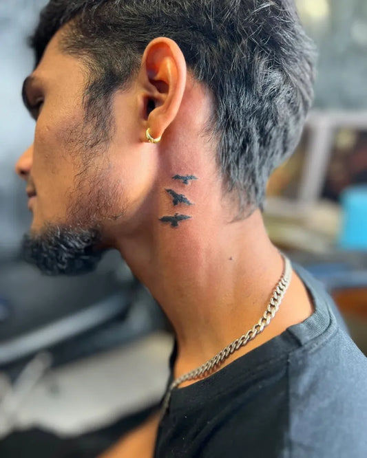 Small Minimalist Three Birds on Men Neck Tattoo by @laughingbuddatattoos