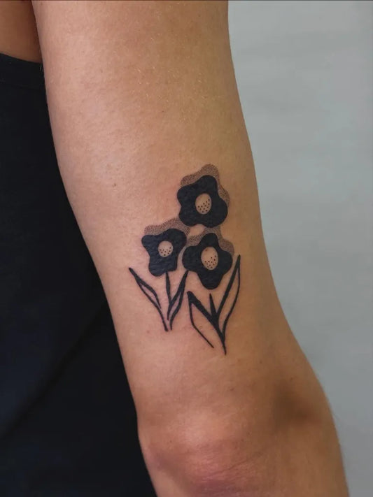 Small Minimalist ThreeDahliaFlowers on Women Arm Tattoo by @petiteplage.tattoo