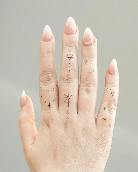 Small Minimalist Triangle Star Dots on Women Fingers Tattoo by @gingiepop