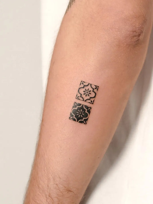 Small Minimalist Two Moroccan Tiles on Men Forearm Tattoo by @cipri.tatt