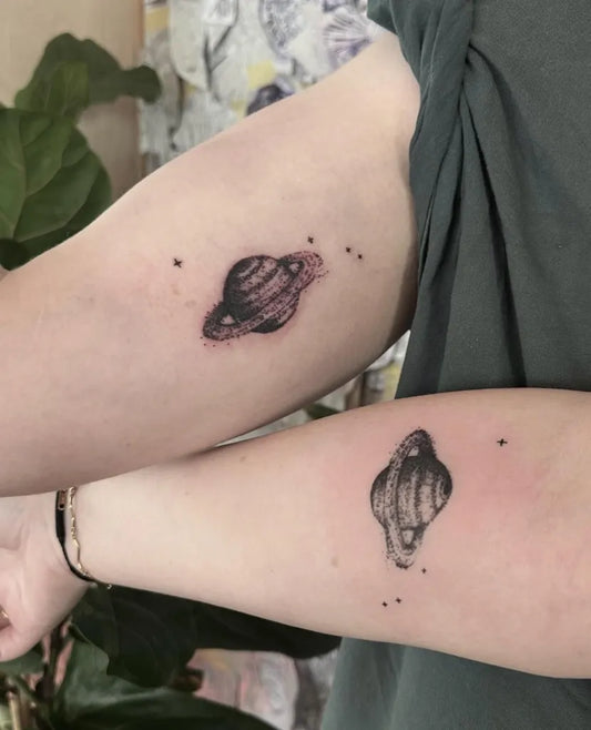 Small Minimalist UFO Stars on Friends Arms Matching Tattoo by @afterlifetattoonz