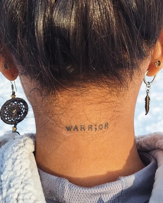 Small Minimalist Warrior Semicolon on Women Neck Tattoo by @solefemaleroamer