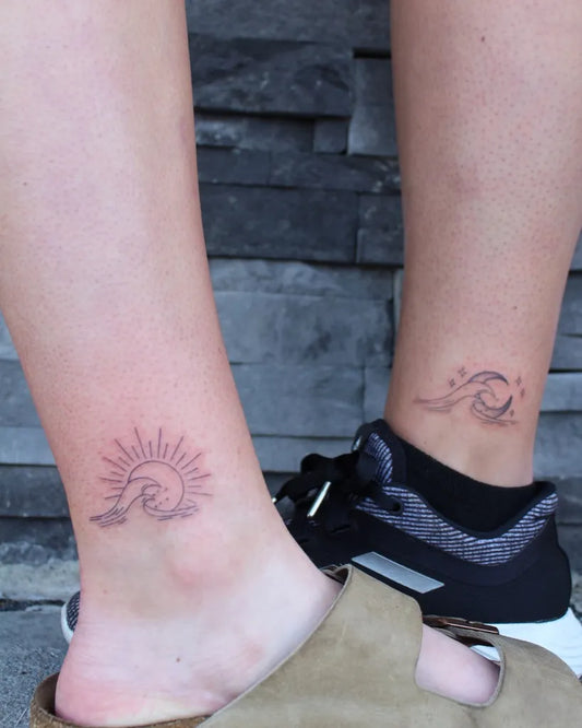 Small Minimalist Wave Sun on Couple Ankles Matching Tattoo by @heliast.tattoos