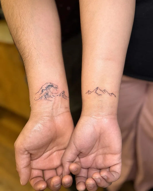 Small Minimalist Wave and Mountains on Couple Wrists Matching Tattoo by @inkhancedbynicole