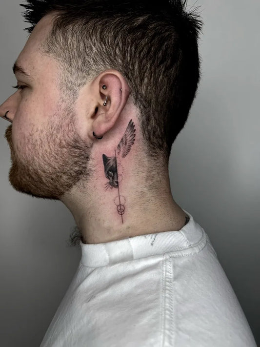 Small Minimalist Wing Arrow Key on Men Neck Tattoo by @catmcburney_tattoo
