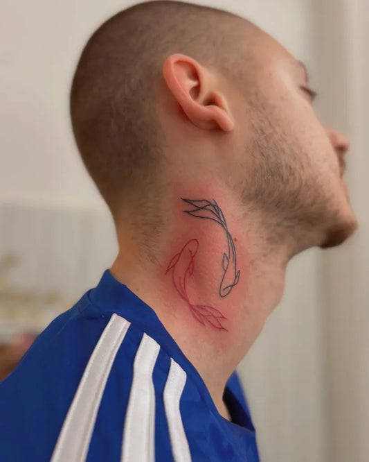 Small Minimalist Yin Yang Koi Fish Tattoo on Men Neck by @mafaldadiego_