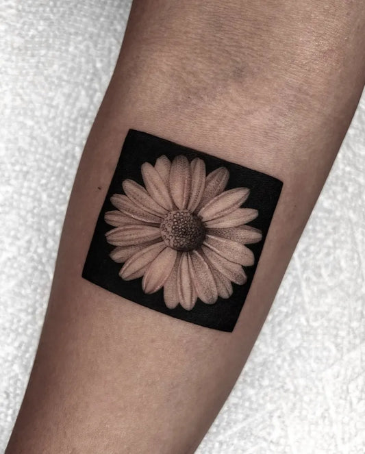 Small Negative Space Daisy in Square Frame Tattoo on Women Forearm by @camzvasquezz