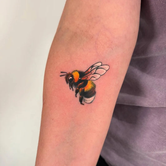 Small Neo Traditional Bee on Women Forearm Tattoo by @christinetattoos