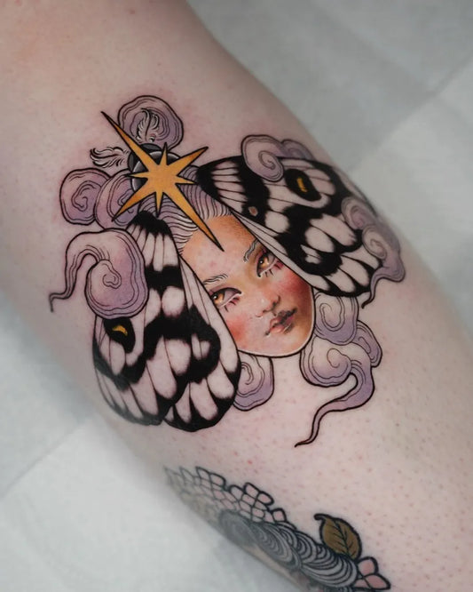 Small Neo Traditional Butterfly Fairy on Women Thigh Tattoo by @goldblume_tattoo