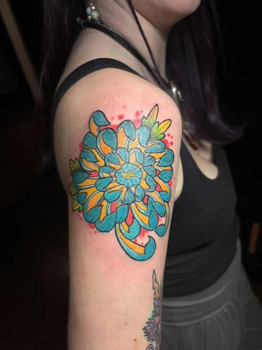 Small Neo Traditional Chrysanthemum Flower on Women Arm Tattoo by @robgreentattoos
