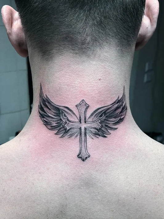 Small Neo Traditional Cross with Wings on Men Neck Tattoo by @tony_tattoo