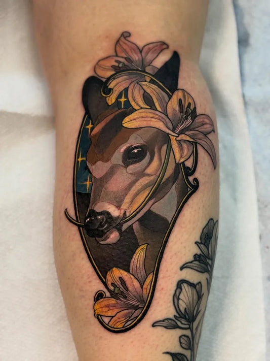 Small Neo Traditional Fawn with Lilies on Women Thigh Tattoo by @tpkozak