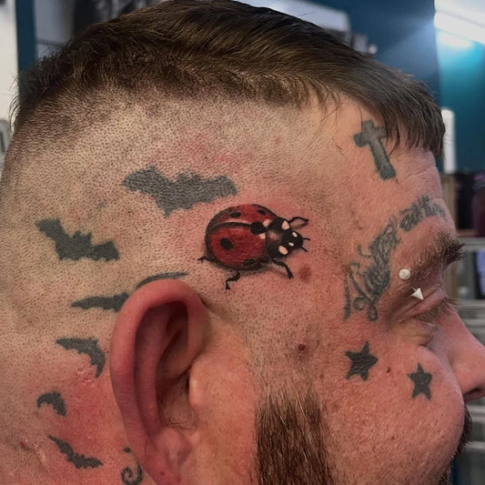 Small Neo Traditional Ladybug and Bats Tattoo on Men Head by @l.j.inks