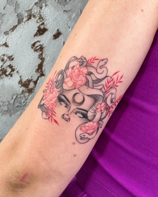 Small Neo Traditional Medusa Snakes Flowers on Women Arm Tattoo by @unclechronistattoo