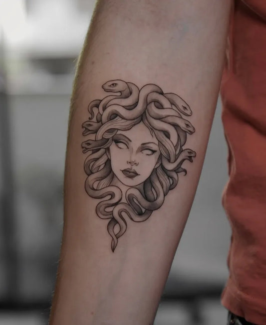 Small Neo Traditional Medusa Snakes on Women Arm Tattoo by @chiarasaitta.tattoo