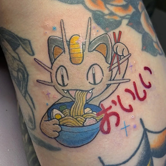 Small Neo Traditional Mewtwo Eating Ramen Tattoo on Women Arm by @alyxkopietattoos