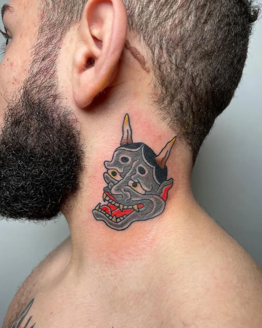 Small Neo Traditional Oni Mask on Men Neck Tattoo by @livebytheswordtattoo