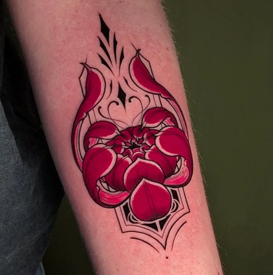 Small Neo Traditional Ornate Pink Lotus on Men Arm Tattoo by @morganmosi_tattoo