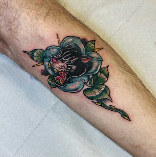 Small Neo Traditional Panther Rose Leaves on Men Forearm Tattoo by @zoemi_tattoo_emts