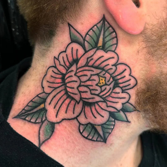 Small Neo Traditional Peony Flower on Men Neck Tattoo by @holliejoicetattoo