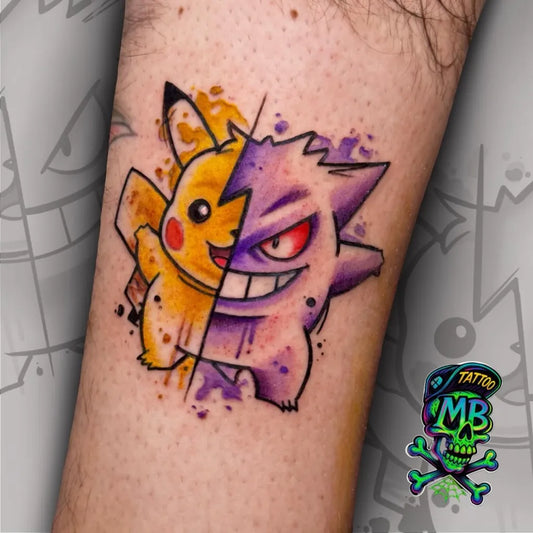 Small Neo Traditional Pikachu and Gengar Tattoo on Men Arm by @monkeybonetattoo